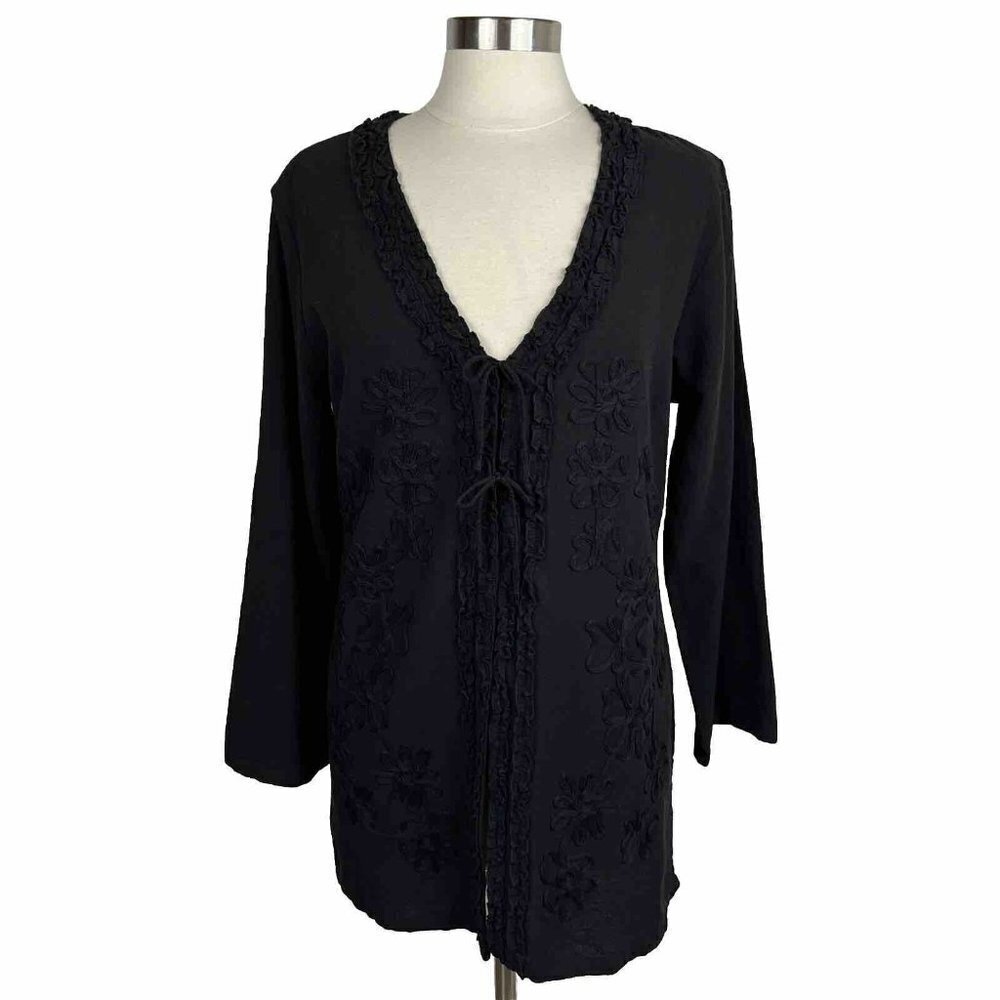 Soft Surroundings Top M Womens Black Embroidered Snap Front V Neck Long Sleeves